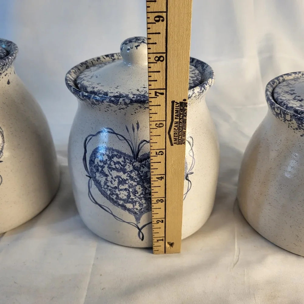 Set of 3 Country Blue Hearts Sponge Stoneware Canister Set Cottagecore
